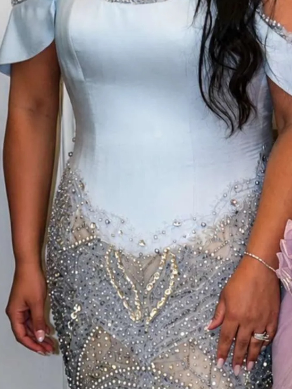 Elegant Light Blue Beaded Off-Shoulder Evening Dress size M/L 42 price $600